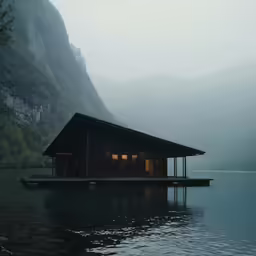 house boat docked in large lake with mountains behind it