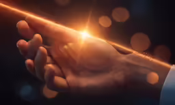a person holding their hand out for something with a beam of light coming out