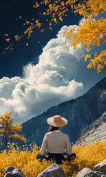 the person is sitting on the mountain looking down at the clouds