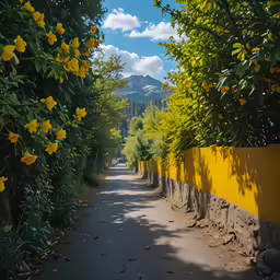 a picture of a yellow wall and some trees