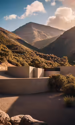 an adobe style building in a mountain setting