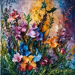 a painting of colorful flowers and leaves