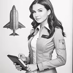 a young woman standing next to an airplane with pilot gear on it
