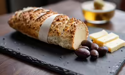 a tray with bread and nuts on it