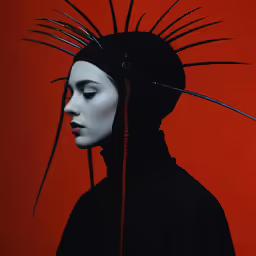 a mannequin wearing an intricate black head dress and matching hair
