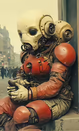 a mechanical man dressed as a robot sits on a pillar