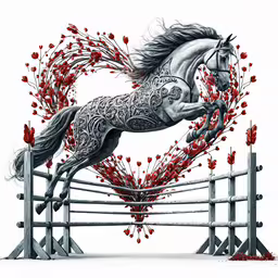 the horse is jumping over the fence
