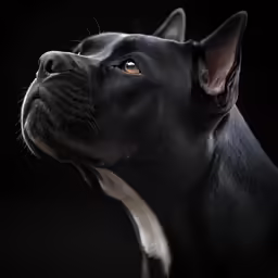 a dog stares away from the camera in the dark