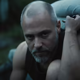 a man wearing a dark tank top has his head on a pillow