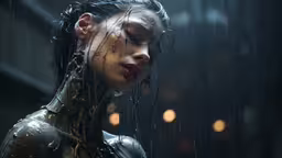 woman covered in rain with dark background,a woman that is covered in rain in a picture