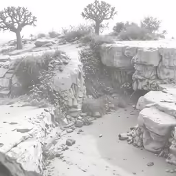black and white photograph of a desert with small trees
