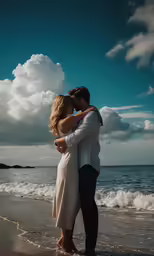 two people are embracing on the beach as waves crash in front of them
