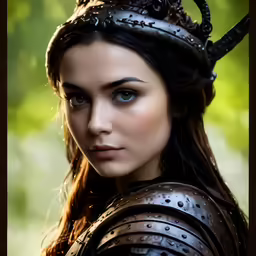 a woman dressed in armor and holding a helmet