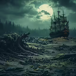 an image of a pirate ship sailing on the ocean