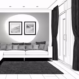 a black and white drawing of a living room