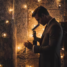 a man standing in front of lights, holding a bottle
