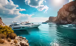 several boats sit in a bay on a sunny day