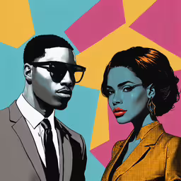 an african american couple, one with shades and the other with the same suit,a painting of two people wearing glasses and a suit
