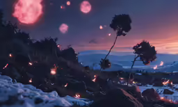 a screenshot of an alien looking mountain at night