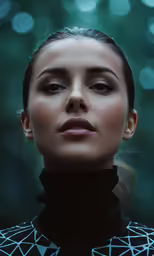 a woman with makeup in her eyes wearing black and white