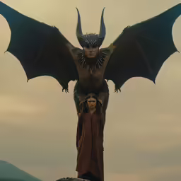 a man and woman stand in front of a giant dragon