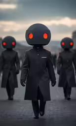 three people wearing black outfits walk in a line
