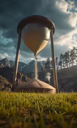 an hourglass and sand spout with mountains in the background