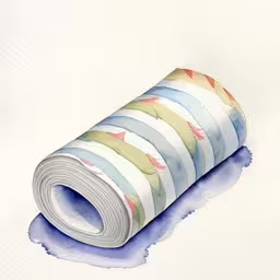 this is a watercolor illustration of an roll of paper,watercolor painting of an item with strips of paper on top