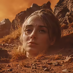 a young woman is laying in the dirt with desert plants and rocks