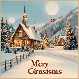 an image of a christmas card featuring a snowy church
