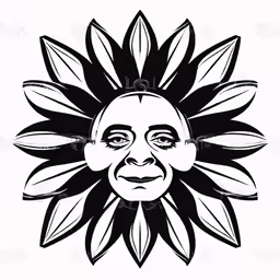 a sunflower face with a mustache, eyes and mouth