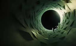 a man walking into a tunnel with lots of arrows