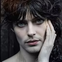 a young male in long hair has his eyes open