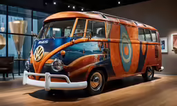 an orange and blue bus is on display