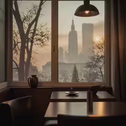 a dining room with a view of city skyline