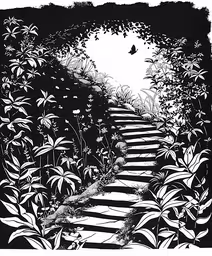 stairs in a forest drawing by a man,a black and white drawing of steps leading down