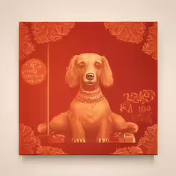an orange dog on red is in a mirror