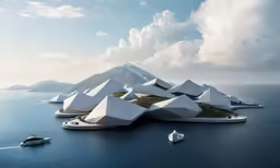 a futuristic building on top of a mountain next to the ocean