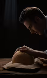 a man is bending over an unwrapped bread