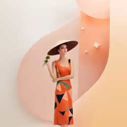 a woman wearing an orange dress and a brown hat