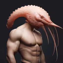 a man with no shirt and a strange creature like head