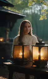 young woman standing in front of lanterns holding a candle