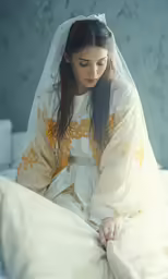 a woman in a white wedding dress sits on the bed
