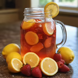 some cut up lemons, strawberries, and lemons are in a jar