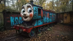 a train with an artistic look is painted on