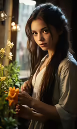 a girl holding a bunch of flowers in front of a window