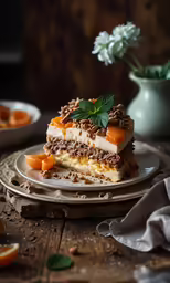 a layered piece of cake on a plate with fruit