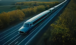 a train on the side of a road driving past fields