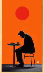 a man sits at a desk by an orange background