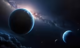 planets, stars and the sun with cloudy sky